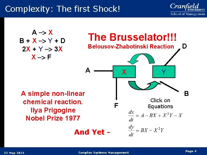 Complexity: The first Shock! A -> X B + X -> Y + D Complexity: The first Shock! A -> X B + X -> Y + D