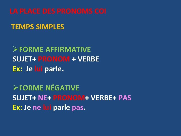 LA PLACE DES PRONOMS COI TEMPS SIMPLES ØFORME AFFIRMATIVE SUJET+ PRONOM + VERBE Ex: