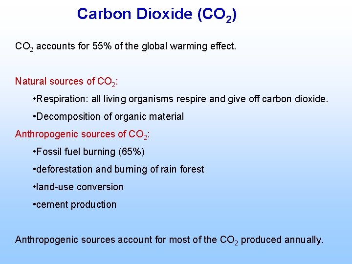 Carbon Dioxide (CO 2) CO 2 accounts for 55% of the global warming effect.