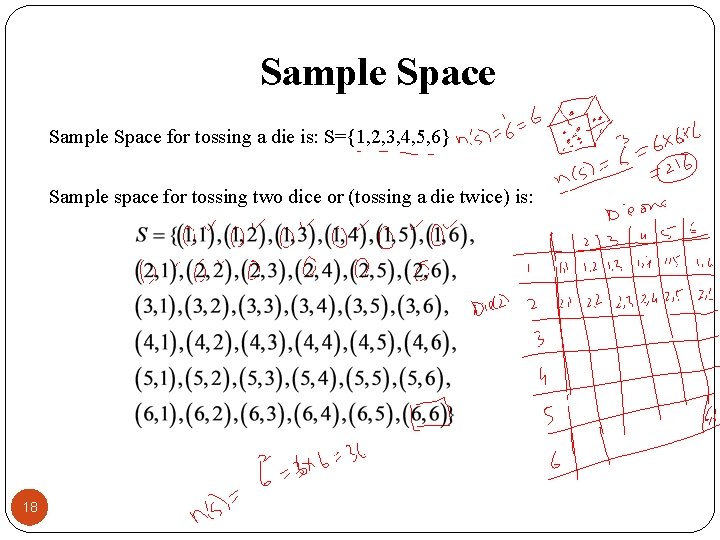 Sample Space for tossing a die is: S={1, 2, 3, 4, 5, 6} Sample