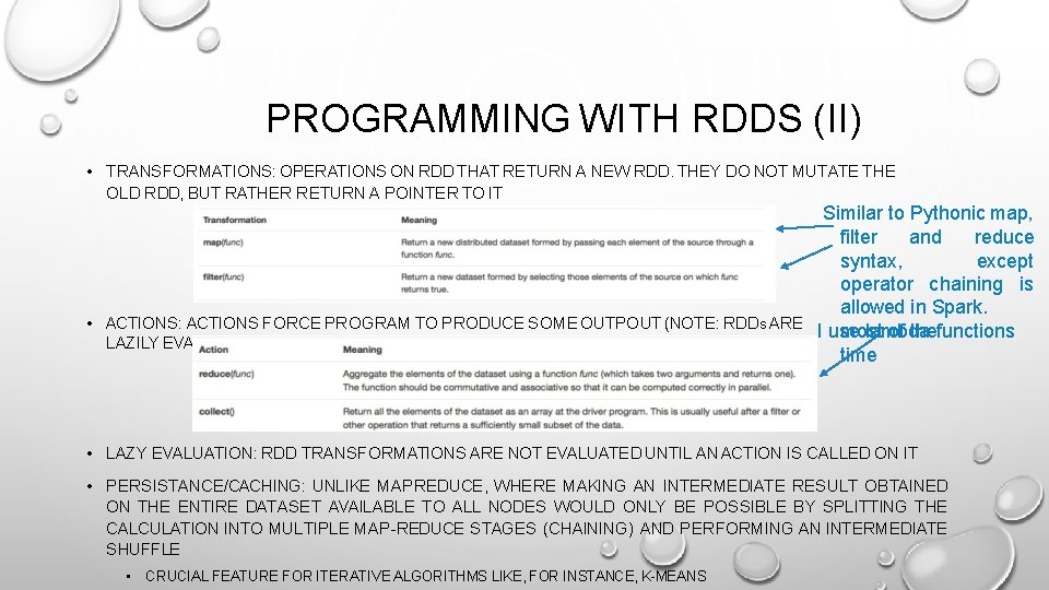 PROGRAMMING WITH RDDS (II) • TRANSFORMATIONS: OPERATIONS ON RDD THAT RETURN A NEW RDD.