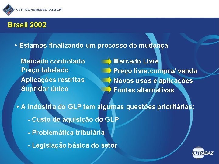 Brasil 2002 • Estamos finalizando um processo de mudança Mercado controlado Preço tabelado Aplicações