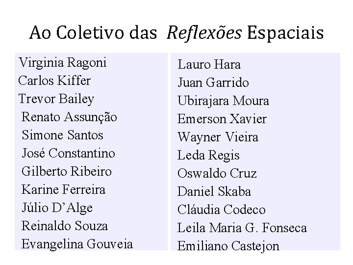 Ao Coletivo das Reflexões Espaciais Virginia Ragoni Carlos Kiffer Trevor Bailey Renato Assunção Simone