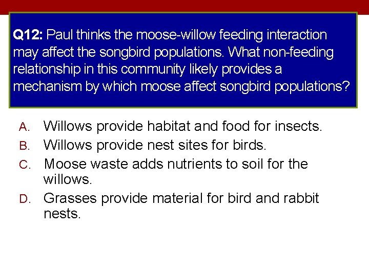 Q 12: Paul thinks the moose-willow feeding interaction may affect the songbird populations. What