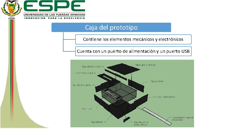 Caja del prototipo Contiene los elementos mecánicos y electrónicos Cuenta con un puerto de