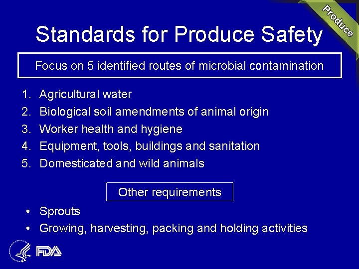 Standards for Produce Safety Focus on 5 identified routes of microbial contamination 1. 2.