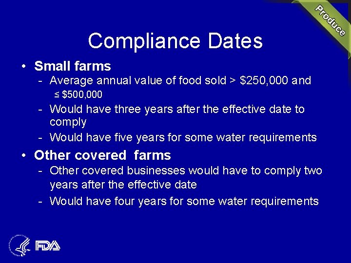 Compliance Dates • Small farms - Average annual value of food sold > $250,