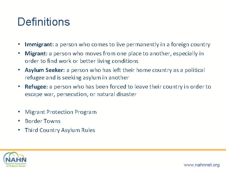 Definitions • Immigrant: a person who comes to live permanently in a foreign country