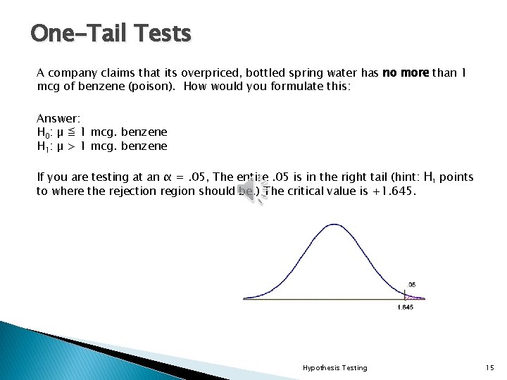 One-Tail Tests A company claims that its overpriced, bottled spring water has no more