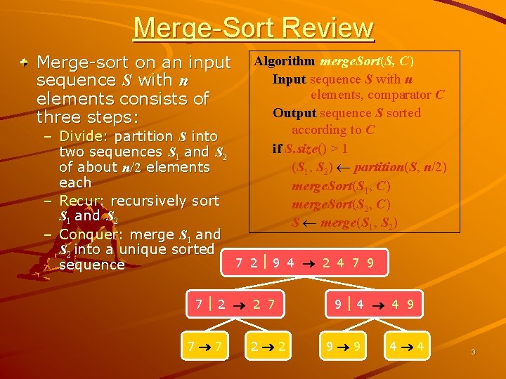 Merge-Sort Review Merge-sort on an input sequence S with n elements consists of three