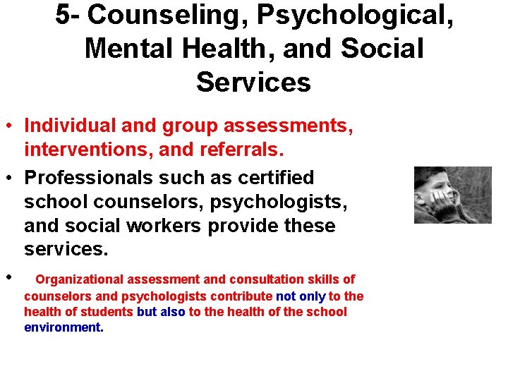5 - Counseling, Psychological, Mental Health, and Social Services • Individual and group assessments,