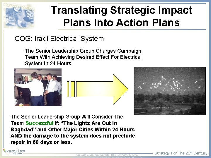 Translating Strategic Impact Plans Into Action Plans COG: Iraqi Electrical System The Senior Leadership