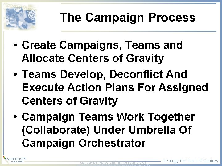 The Campaign Process • Create Campaigns, Teams and Allocate Centers of Gravity • Teams