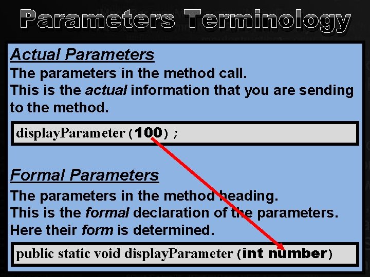 Parameters Terminology Actual Parameters The parameters in the method call. This is the actual