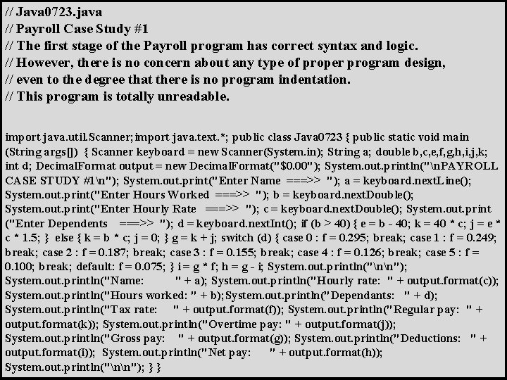 // Java 0723. java // Payroll Case Study #1 // The first stage of