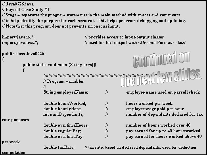 // Java 0726. java // Payroll Case Study #4 // Stage 4 separates the