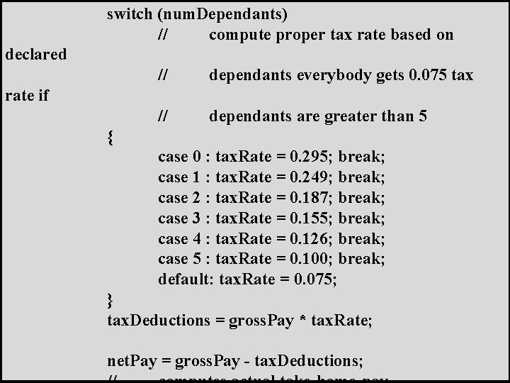 switch (num. Dependants) // compute proper tax rate based on declared // dependants everybody