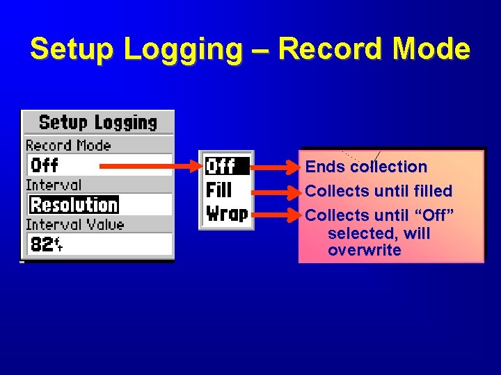 Setup Logging – Record Mode Ends collection Collects until filled Collects until “Off” selected,