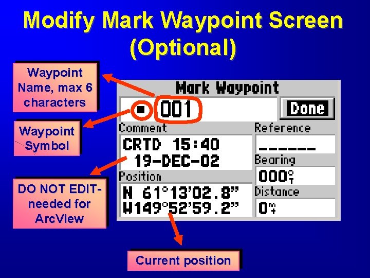 Modify Mark Waypoint Screen (Optional) Waypoint Name, max 6 characters Waypoint Symbol DO NOT