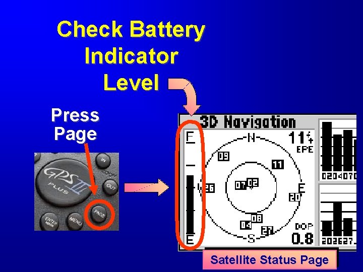 Check Battery Indicator Level Press Page Satellite Status Page 
