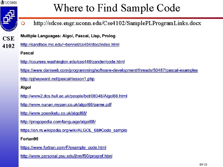 Where to Find Sample Code m http: //sdcse. engr. uconn. edu/Cse 4102/Sample. PLProgram. Links. Where to Find Sample Code m http: //sdcse. engr. uconn. edu/Cse 4102/Sample. PLProgram. Links.