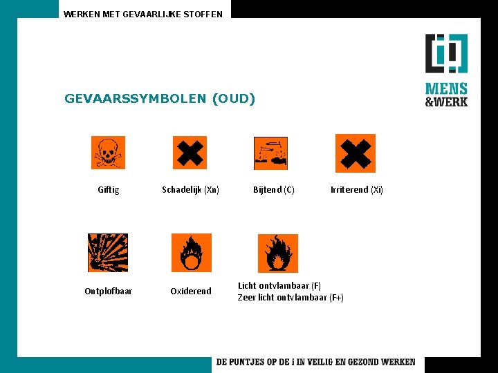 WERKEN MET GEVAARLIJKE STOFFEN GEVAARSSYMBOLEN (OUD) Giftig Schadelijk (Xn) Ontplofbaar Oxiderend Bijtend (C) Irriterend