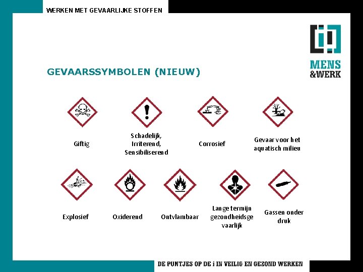 WERKEN MET GEVAARLIJKE STOFFEN GEVAARSSYMBOLEN (NIEUW) Giftig Explosief Schadelijk, Irriterend, Sensibiliserend Oxiderend Ontvlambaar Corrosief