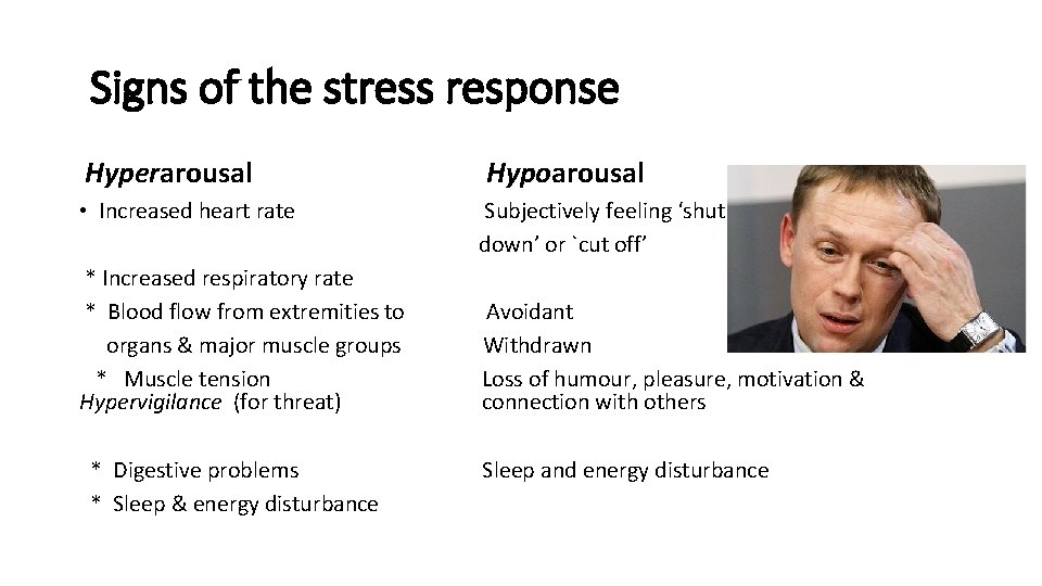 Signs of the stress response Hyperarousal • Increased heart rate * Increased respiratory rate