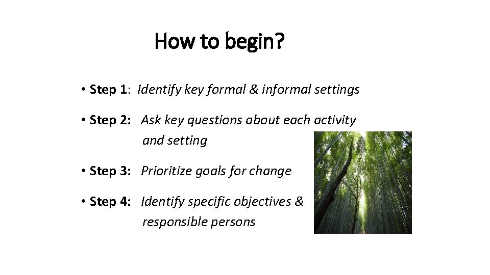 How to begin? • Step 1: Identify key formal & informal settings • Step