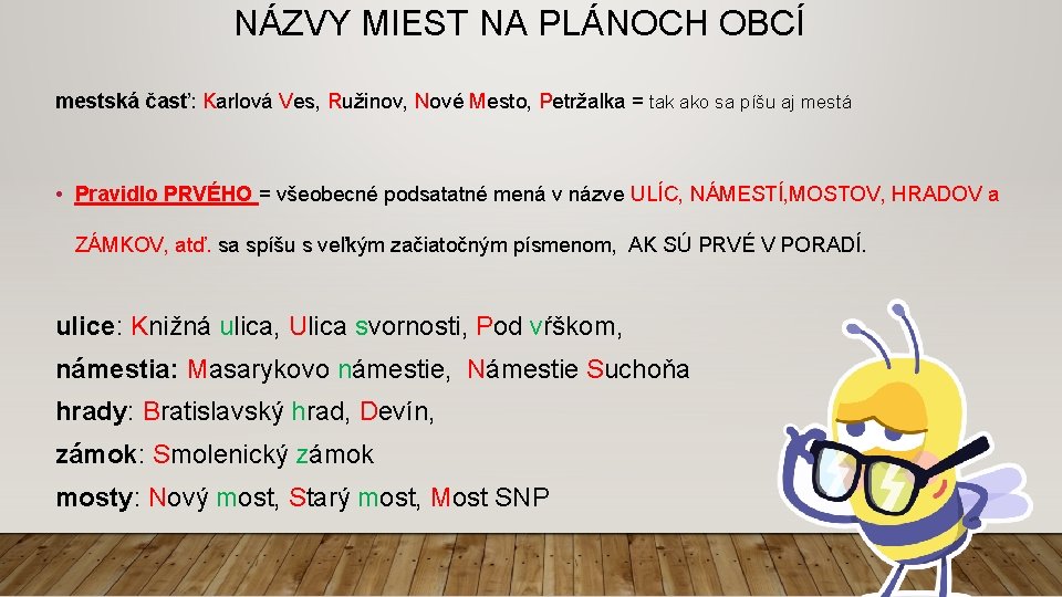 NÁZVY MIEST NA PLÁNOCH OBCÍ mestská časť: Karlová Ves, Ružinov, Nové Mesto, Petržalka =