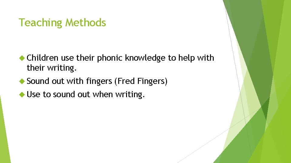 Teaching Methods Children use their phonic knowledge to help with their writing. Sound Use