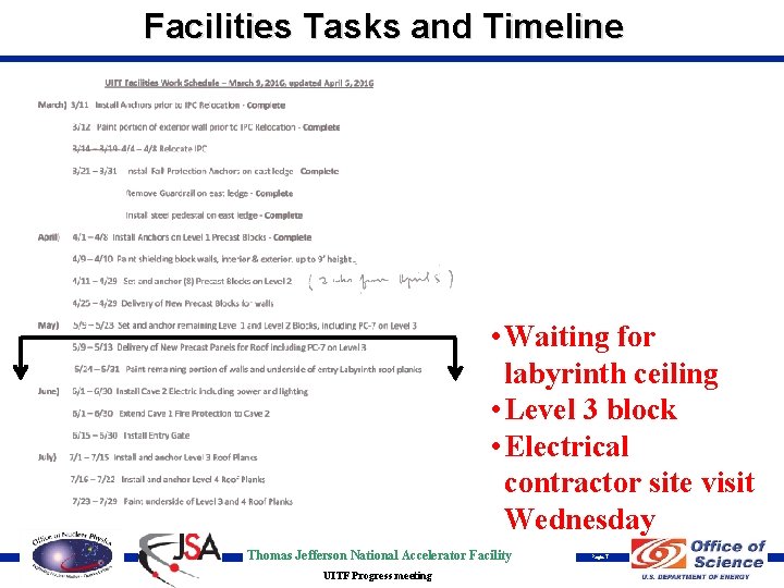 Facilities Tasks and Timeline • Waiting for labyrinth ceiling • Level 3 block •