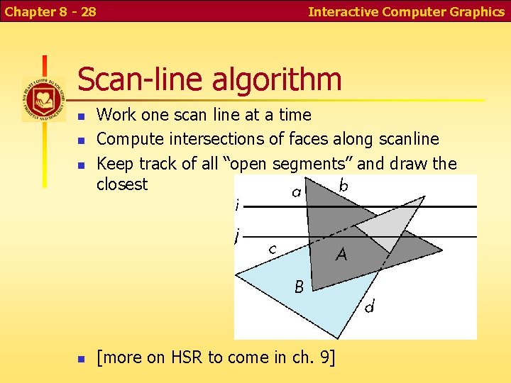 Chapter 8 - 28 Interactive Computer Graphics Scan-line algorithm Work one scan line at