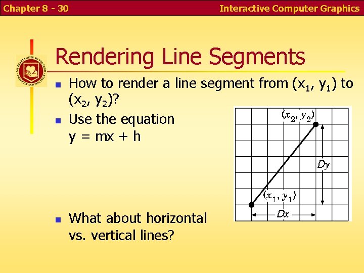 Chapter 8 - 30 Interactive Computer Graphics Rendering Line Segments How to render a