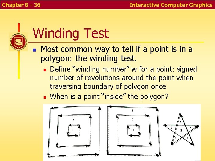 Chapter 8 - 36 Interactive Computer Graphics Winding Test Most common way to tell