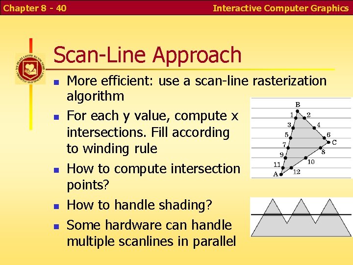 Chapter 8 - 40 Interactive Computer Graphics Scan-Line Approach More efficient: use a scan-line