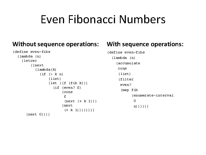 Even Fibonacci Numbers Without sequence operations: With sequence operations: (define even-fibs (lambda (n) (letrec