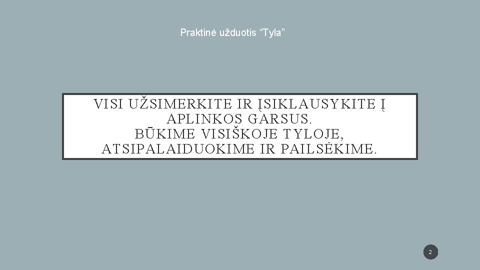 Praktinė užduotis “Tyla” VISI UŽSIMERKITE IR ĮSIKLAUSYKITE Į APLINKOS GARSUS. BŪKIME VISIŠKOJE TYLOJE, ATSIPALAIDUOKIME