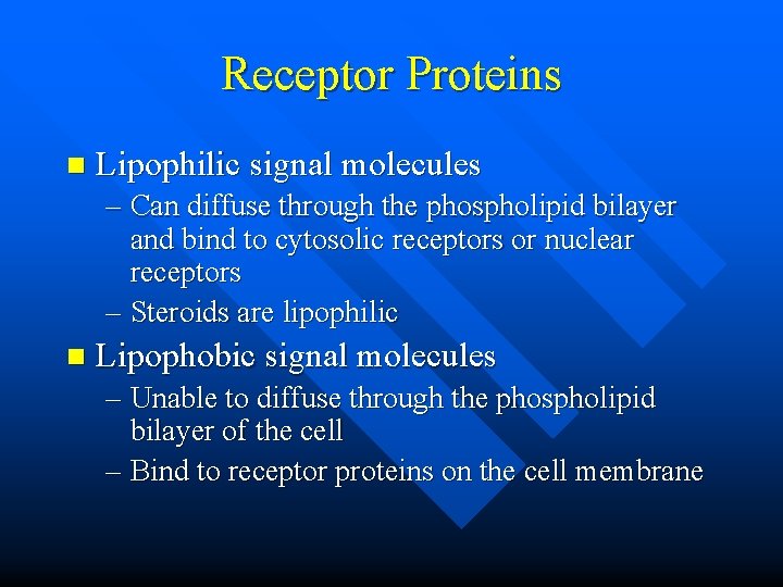 Receptor Proteins n Lipophilic signal molecules – Can diffuse through the phospholipid bilayer and