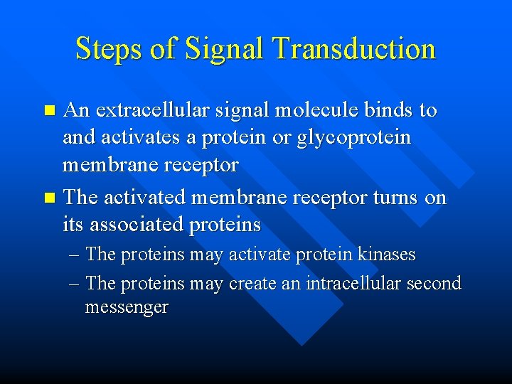 Steps of Signal Transduction An extracellular signal molecule binds to and activates a protein