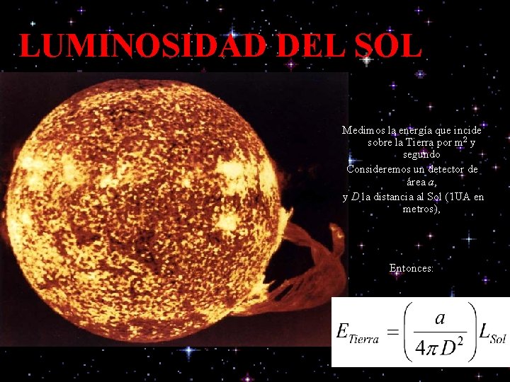 LUMINOSIDAD DEL SOL Medimos la energía que incide sobre la Tierra por m 2