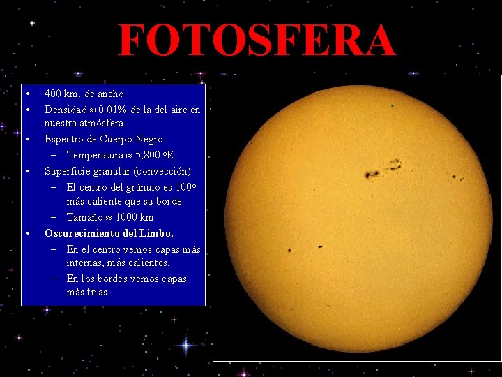 FOTOSFERA • • • 400 km. de ancho Densidad 0. 01% de la del