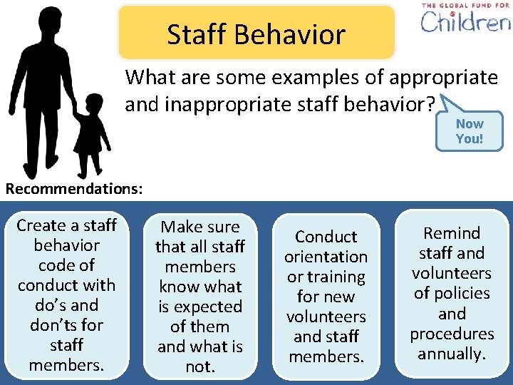 Staff Behavior What are some examples of appropriate and inappropriate staff behavior? Now You!