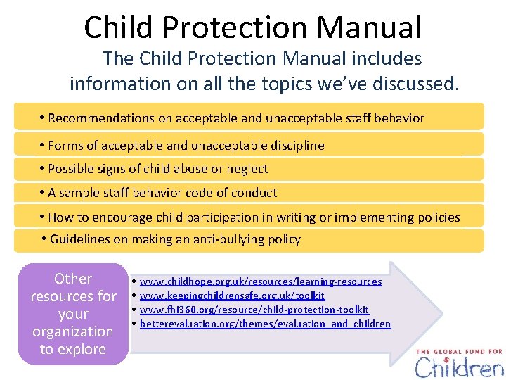 Child Protection Manual The Child Protection Manual includes information on all the topics we’ve