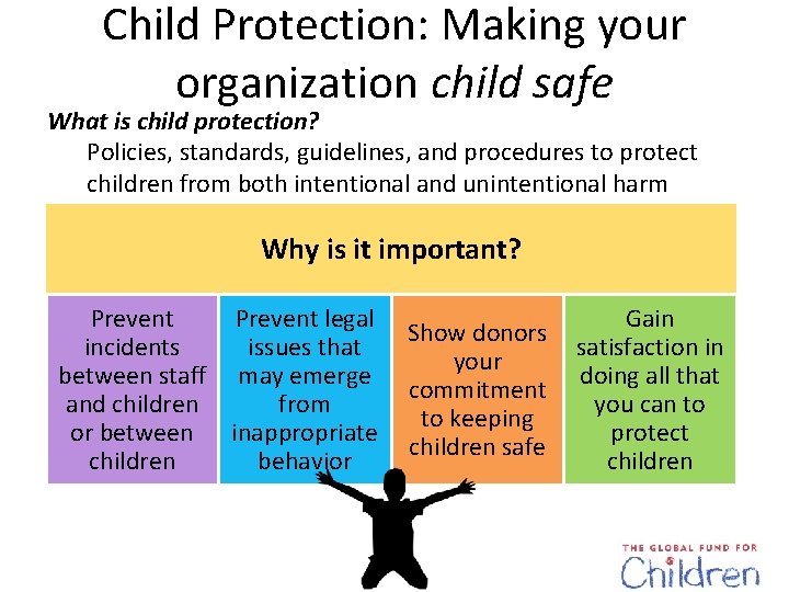 Child Protection: Making your organization child safe What is child protection? Policies, standards, guidelines,