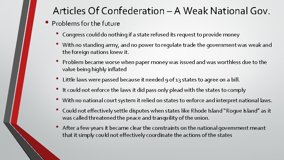 Articles Of Confederation – A Weak National Gov. • Problems for the future •