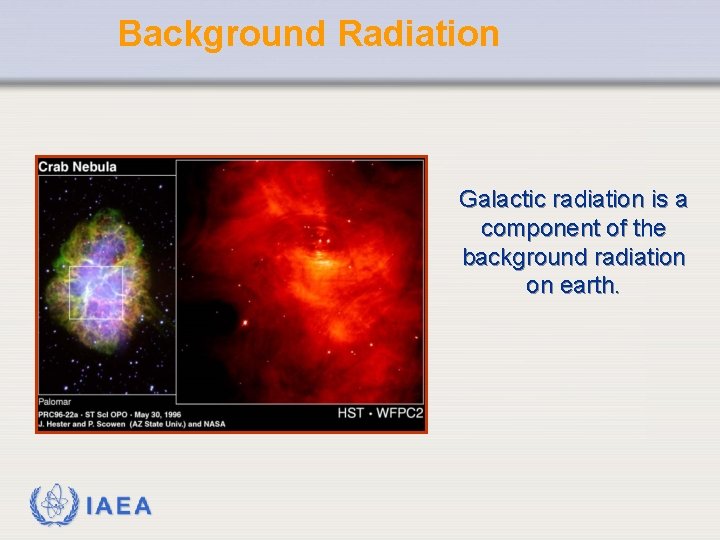 Background Radiation Galactic radiation is a component of the background radiation on earth. IAEA