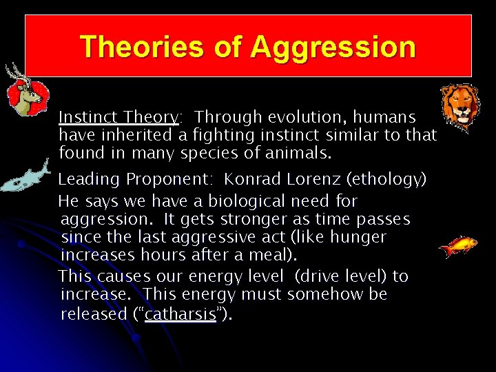 Theories of Aggression Instinct Theory: Through evolution, humans have inherited a fighting instinct similar