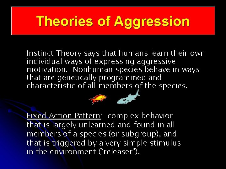 Theories of Aggression Instinct Theory says that humans learn their own individual ways of