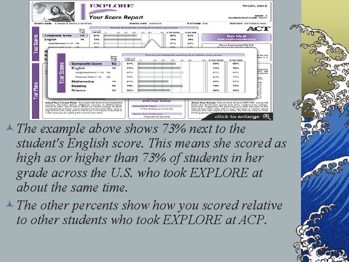 © The example above shows 73% next to the student's English score. This means